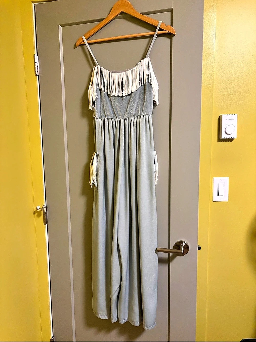 Fashion Brand Company Velvet and Silk Fringed Jumpsuit pale blue. Size Small